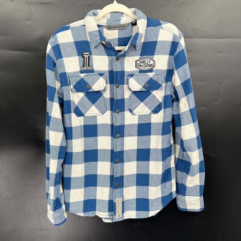 Harley Davidson 100% cotton chamois flannel button front shirt blue checkered S